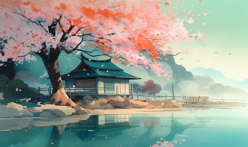 古风亭子湖面手绘美景素材,插画/手绘图,插画/手绘图库,插画/手绘图下载,插画/手绘